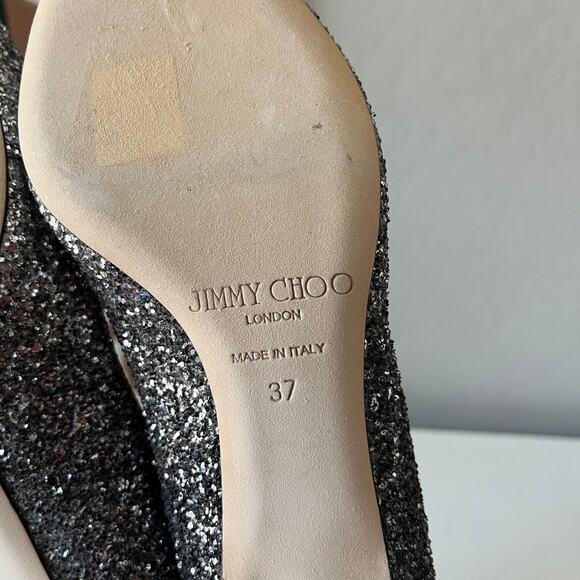 Jimmy Choo Romy Silver Glitter Pointed Toe Slip On Kitten Heel Pumps Size 37 - Picture 9 of 9